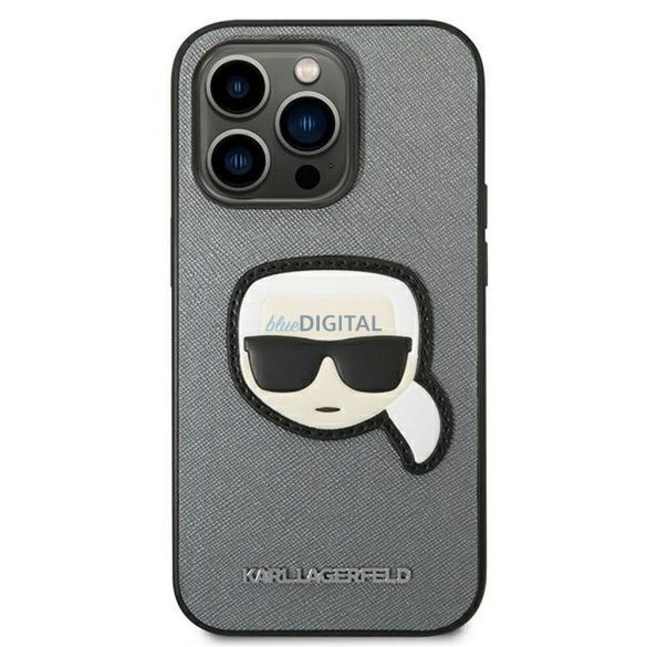 Eredeti tok KARL LAGERFELD KLHCP14LSAPKHG iPhone 14 PRO készülékhez (Saffiano Karl Head Patch-el / ezüst)