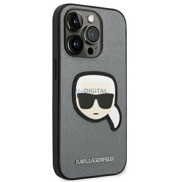 Eredeti tok KARL LAGERFELD KLHCP14LSAPKHG iPhone 14 PRO készülékhez (Saffiano Karl Head Patch-el / ezüst)