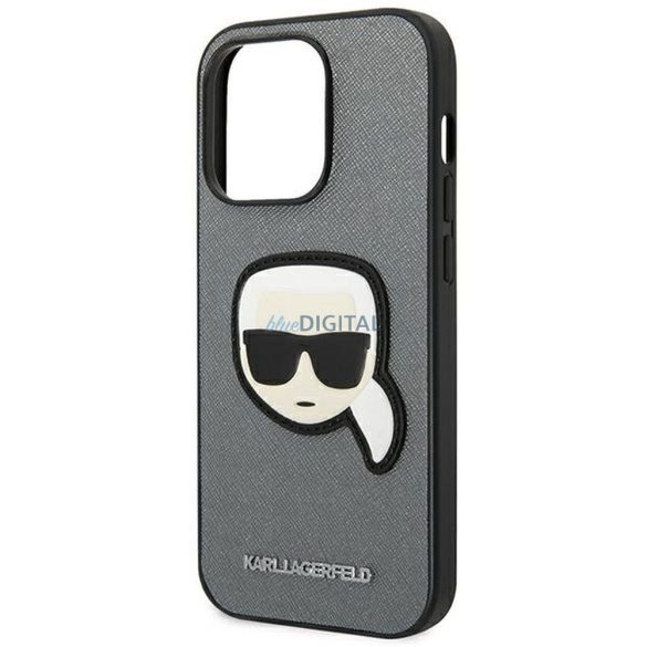 Eredeti tok KARL LAGERFELD KLHCP14LSAPKHG iPhone 14 PRO készülékhez (Saffiano Karl Head Patch-el / ezüst)