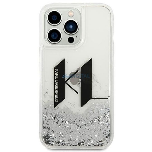 Eredeti tok KARL LAGERFELD KLHCP14LLBKLCS iPhone 14 PRO készülékhez (Liguid csillámos Big KL Logo / ezüst)