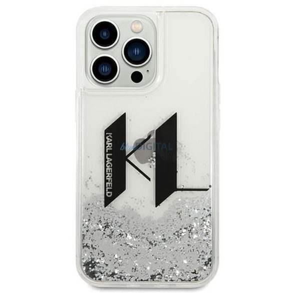 Eredeti tok KARL LAGERFELD KLHCP14XLBKLCS iPhone 14 PRO MAX készülékhez (Liguid csillámos Big KL Logo / ezüst)