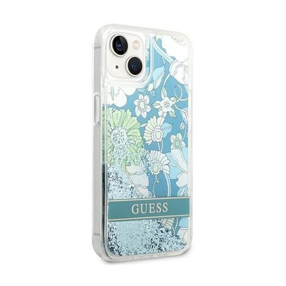 Guess GUHCP14SLFLSN Flower Liquid Glitter tok iPhone 13 / 14 / 15 - zöld