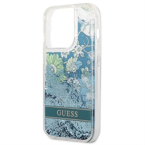 Eredeti tok GUESS GUHCP14LLFLSN iPhone 14 PRO készülékhez (Liquide csillámos Flower / zöld)