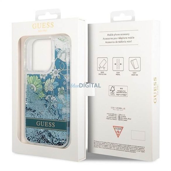 Eredeti tok GUESS GUHCP14LLFLSN iPhone 14 PRO készülékhez (Liquide csillámos Flower / zöld)