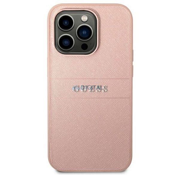 Eredeti tok GUESS GUHCP14LPSASBPI iPhone 14 PRO készülékhez (Saffiano fém logóval / rózsaszín)