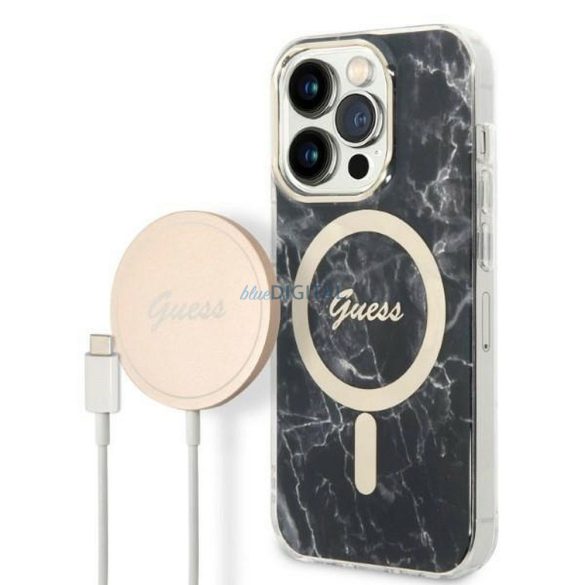 Eredeti készlet GUESS GUBPP14LHMEACSK iPhone 14 Pro (Bundle csomag Magsafe: tok + töltő IMG Marble / arany - fekete)