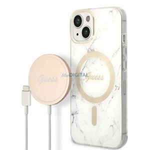 Eredeti készlet GUESS GUBPP14MHMEACSH iPhone 14 Plus (csomagcsomag Magsafe: tok + töltő IMG Marble / arany - fehér)