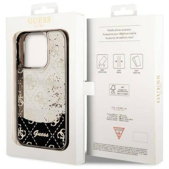 Eredeti előlap tok GUESS GUHCP14LLC4PSGK iPhone 14 PRO készülékhez (Liquid Glitter 4G Translucent / fekete)