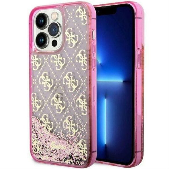 Eredeti előlap tok GUESS GUHCP14LLC4PSGP iPhone 14 PRO készülékhez (Liquid Glitter 4G Translucent / rózsaszín)