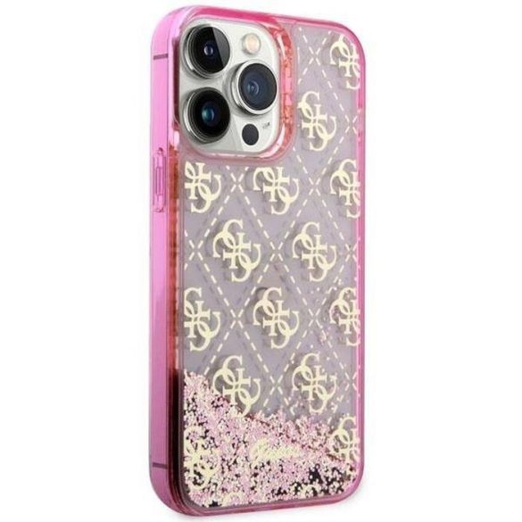 Eredeti előlap tok GUESS GUHCP14LLC4PSGP iPhone 14 PRO készülékhez (Liquid Glitter 4G Translucent / rózsaszín)