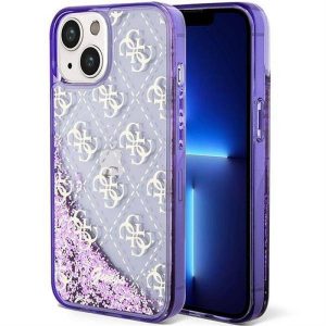 Eredeti előlap tok GUESS GUHCP14SLC4PSGU iPhone 14 készülékhez (Liquid Glitter 4G Translucent / lila)