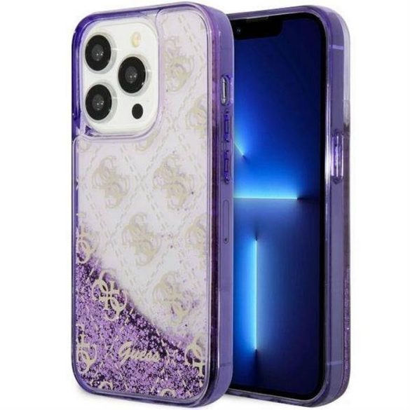 Eredeti előlap tok GUESS GUHCP14LLC4PSGU iPhone 14 PRO készülékhez (Liquid Glitter 4G Translucent / lila)