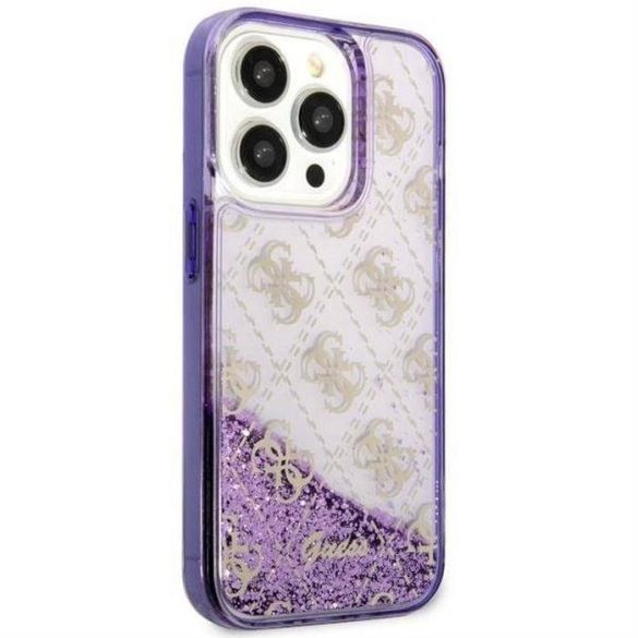 Eredeti előlap tok GUESS GUHCP14LLC4PSGU iPhone 14 PRO készülékhez (Liquid Glitter 4G Translucent / lila)