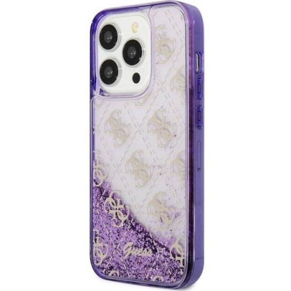 Eredeti előlap tok GUESS GUHCP14LLC4PSGU iPhone 14 PRO készülékhez (Liquid Glitter 4G Translucent / lila)