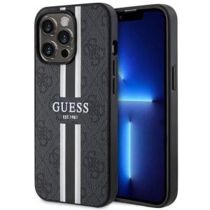 Eredeti előlap tok GUESS GUHMP13LP4RPSK iPhone 13 PRO készülékhez (Magsafe 4G nyomtatott csíkok / fekete)