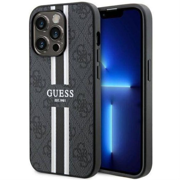 Eredeti előlap tok GUESS GUHMP14LP4RPSK iPhone 14 PRO készülékhez (Magsafe 4G nyomtatott csíkok / fekete)