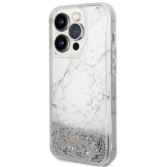 Guess GUHCP14LLCSGSGH Liquid Glitter Marble tok iPhone 14 Pro - fehér