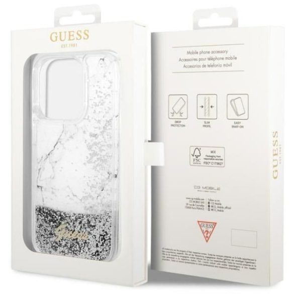 Guess GUHCP14LLCSGSGH Liquid Glitter Marble tok iPhone 14 Pro - fehér