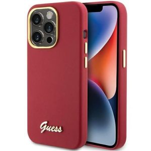 Guess GUHCP15LSMBSLM Silicone Script Metal Logo & Frame tok iPhone 15 Pro - piros