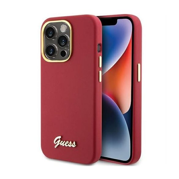 Guess GUHCP15LSMBSLM Silicone Script Metal Logo & Frame tok iPhone 15 Pro - piros