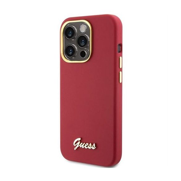 Guess GUHCP15LSMBSLM Silicone Script Metal Logo & Frame tok iPhone 15 Pro - piros