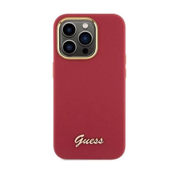 Guess GUHCP15LSMBSLM Silicone Script Metal Logo & Frame tok iPhone 15 Pro - piros