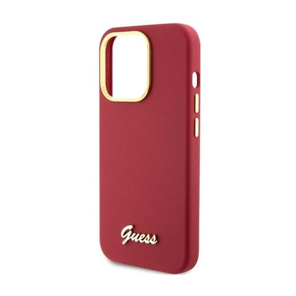 Guess GUHCP15LSMBSLM Silicone Script Metal Logo & Frame tok iPhone 15 Pro - piros