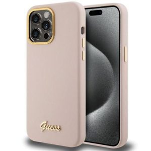 Guess GUHCP15LSMBSLP Silicone Script Metal Logo & Frame tok iPhone 15 Pro - rózsaszín