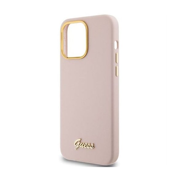 Guess GUHCP15LSMBSLP Silicone Script Metal Logo & Frame tok iPhone 15 Pro - rózsaszín