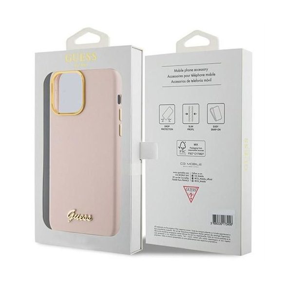 Guess GUHCP15LSMBSLP Silicone Script Metal Logo & Frame tok iPhone 15 Pro - rózsaszín