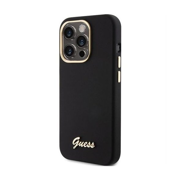 Guess GUHCP15LSMBSLK Silicone Script Metal Logo & Frame tok iPhone 15 Pro - fekete