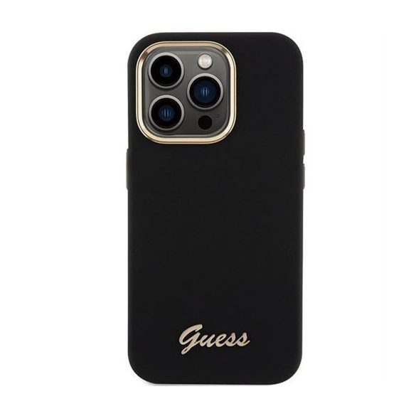 Guess GUHCP15LSMBSLK Silicone Script Metal Logo & Frame tok iPhone 15 Pro - fekete