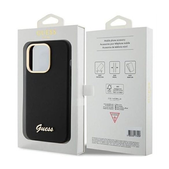 Guess GUHCP15LSMBSLK Silicone Script Metal Logo & Frame tok iPhone 15 Pro - fekete