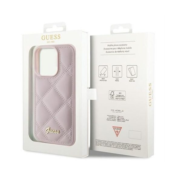 Guess GUHCP15LPSQSQSP Quilted Metal Logo tok iPhone 15 Pro - rózsaszín