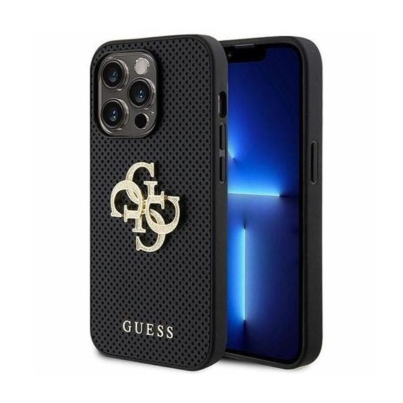 Guess GUHCP15LPSP4LGK Leather Perforated 4G Glitter Logo tok iPhone 15 Pro - fekete