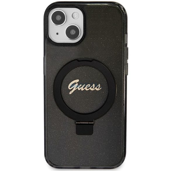 Eredeti előlap GUESS GUHMP15SHRSGSK iPhone 15 (Magsafe / Glitter Script Logo / Ring stand / fekete) tok