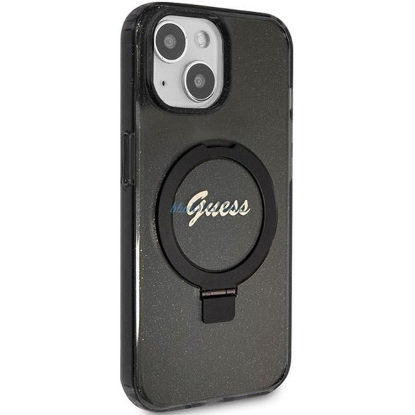 Eredeti előlap GUESS GUHMP15SHRSGSK iPhone 15 (Magsafe / Glitter Script Logo / Ring stand / fekete) tok