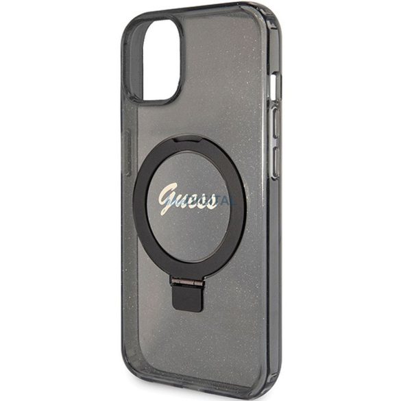 Eredeti előlap GUESS GUHMP15SHRSGSK iPhone 15 (Magsafe / Glitter Script Logo / Ring stand / fekete) tok