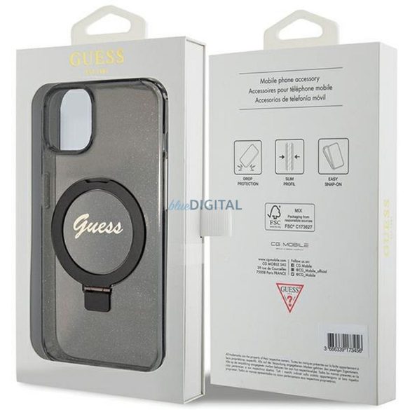 Eredeti előlap GUESS GUHMP15SHRSGSK iPhone 15 (Magsafe / Glitter Script Logo / Ring stand / fekete) tok