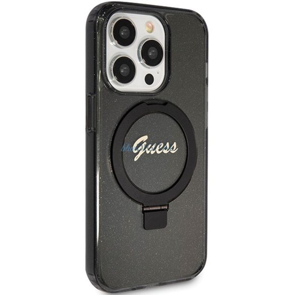 Eredeti előlap GUESS GUHMP15LHRSGSK iPhone 15 Pro (Magsafe / Glitter Script Logo / Ring stand / fekete) tok