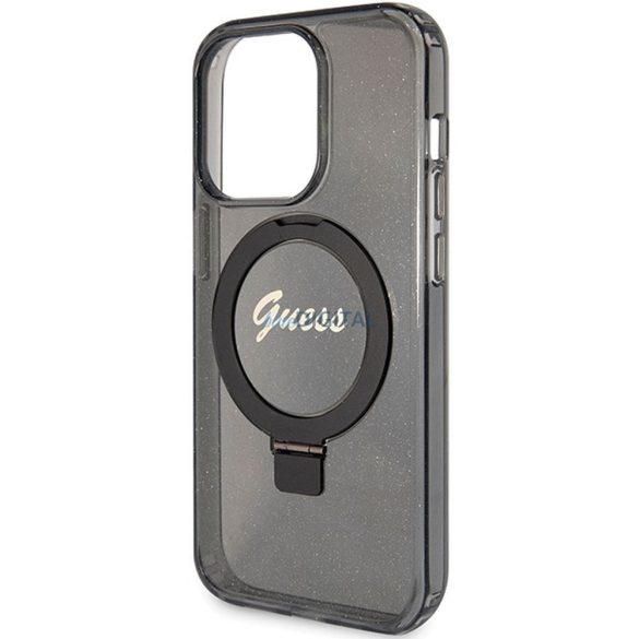 Eredeti előlap GUESS GUHMP15LHRSGSK iPhone 15 Pro (Magsafe / Glitter Script Logo / Ring stand / fekete) tok