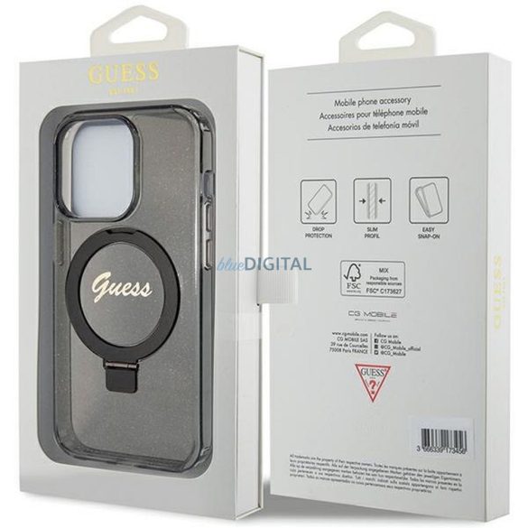 Eredeti előlap GUESS GUHMP15LHRSGSK iPhone 15 Pro (Magsafe / Glitter Script Logo / Ring stand / fekete) tok