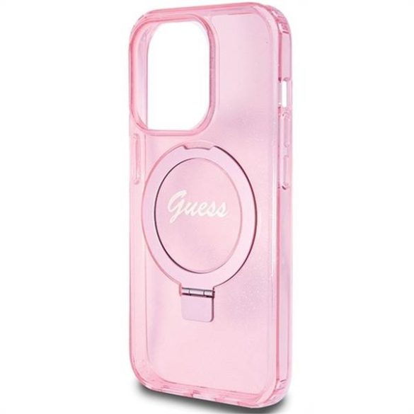 Eredeti előlap GUESS GUHMP15LHRSGSP iPhone 15 Pro (Magsafe / Glitter Script Logo / Ring stand / rózsaszín) tok