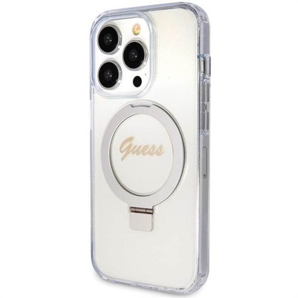 Eredeti előlap GUESS GUHMP15LHRSGSD iPhone 15 Pro (Magsafe / Glitter Script Logo / Ring stand / átlátszó) tok