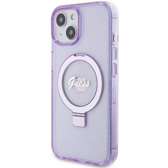 Eredeti előlap GUESS GUHMP15SHRSGSU iPhone 15 (Magsafe / Glitter Script Logo / Ring stand / lila) tok