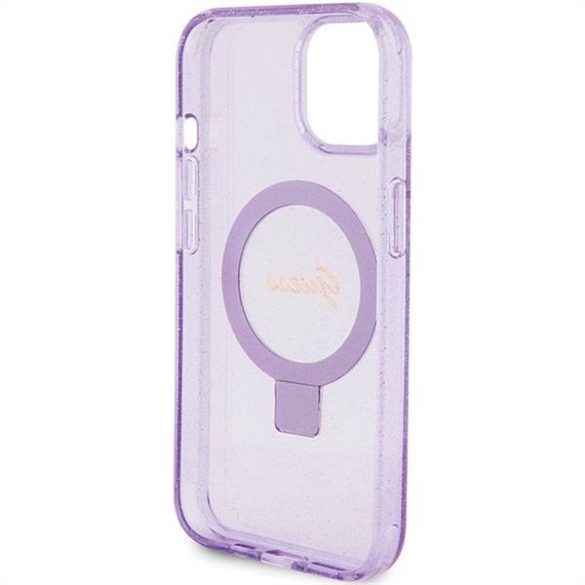 Eredeti előlap GUESS GUHMP15SHRSGSU iPhone 15 (Magsafe / Glitter Script Logo / Ring stand / lila) tok