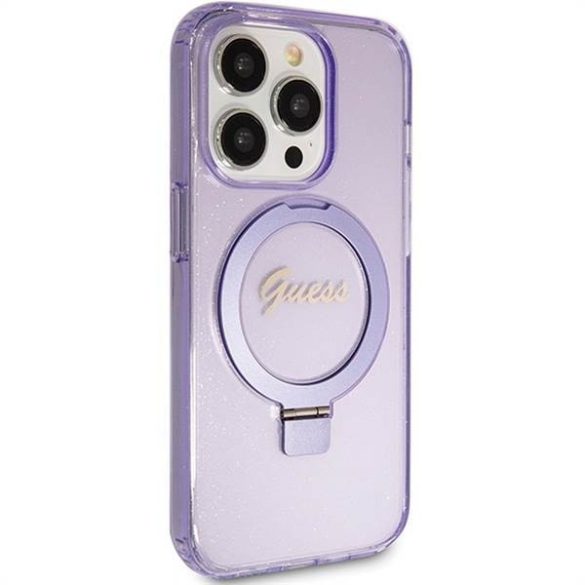 Eredeti előlap GUESS GUHMP15LHRSGSU iPhone 15 Pro (Magsafe / Glitter Script Logo / Ring stand / lila) tok