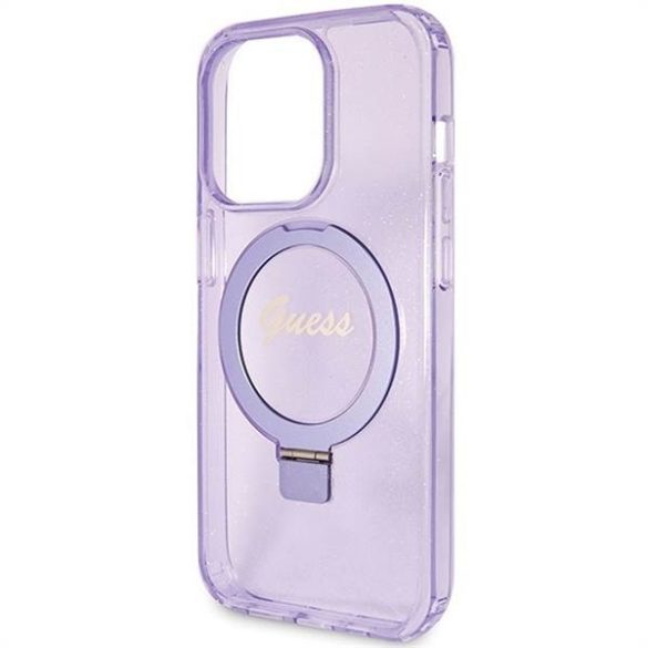 Eredeti előlap GUESS GUHMP15LHRSGSU iPhone 15 Pro (Magsafe / Glitter Script Logo / Ring stand / lila) tok