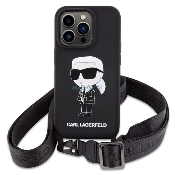 Karl Lagerfeld KLHCP15XSCBSKNK Silicone Ikonik Crossbody tok iPhone 15 Pro Max - fekete