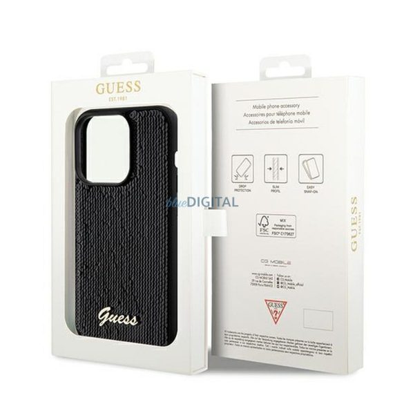 Eredeti előlap GUESS GUHCP14XPSFDGSK iPhone 14 Pro Max (Sequin Script Metal / fekete) tok